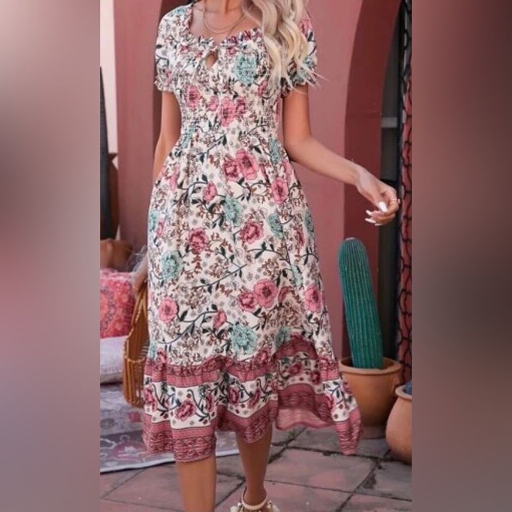 Boho Floral Print Puff Sleeve Dress